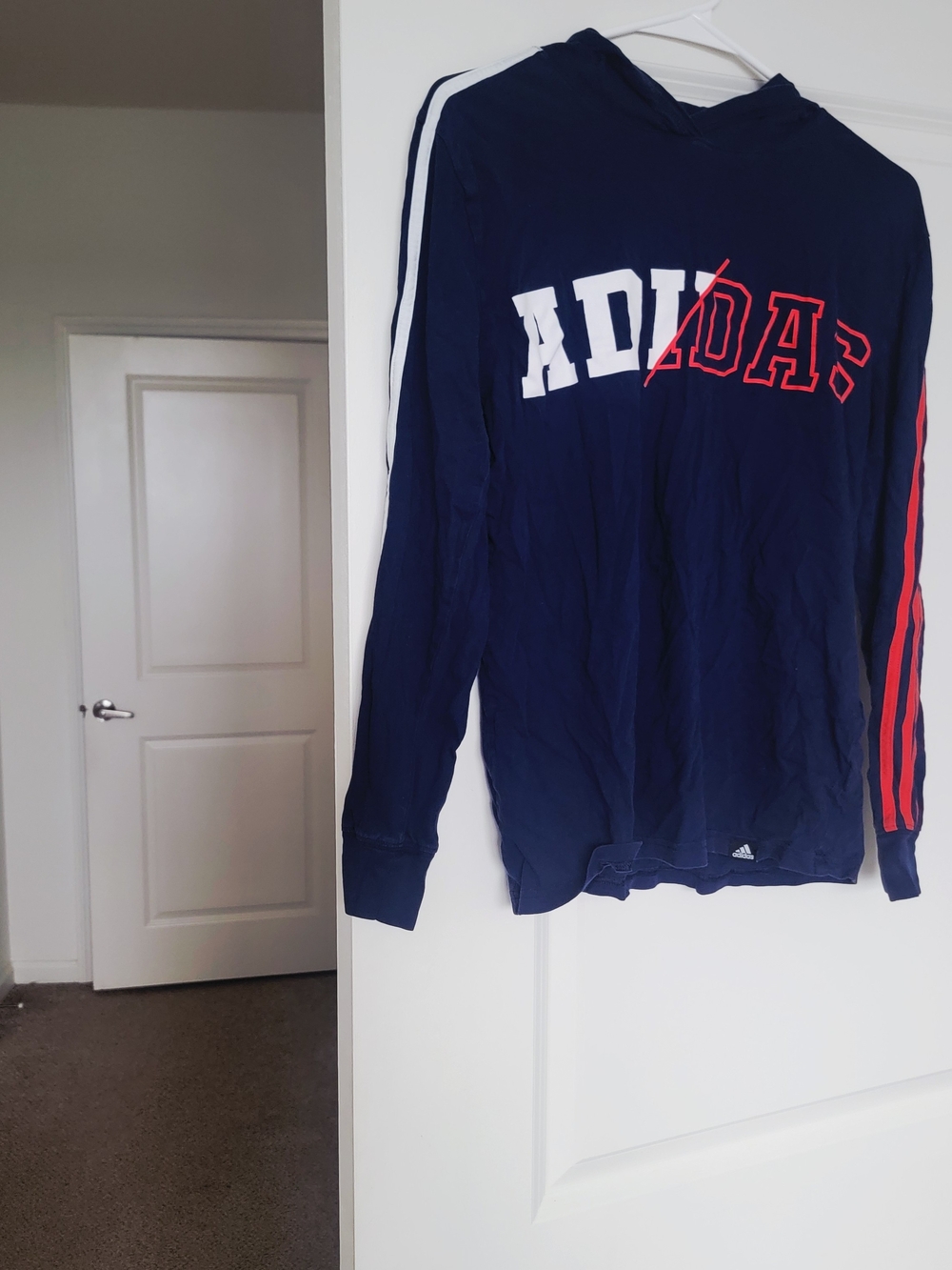 adidas Men’s Navy Crewneck Hoodie Sweater with Red Sleeve Stripes